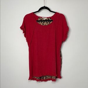 Umgee Red Short Sleeve Linen Blend Top with Leopard Print Size Medium